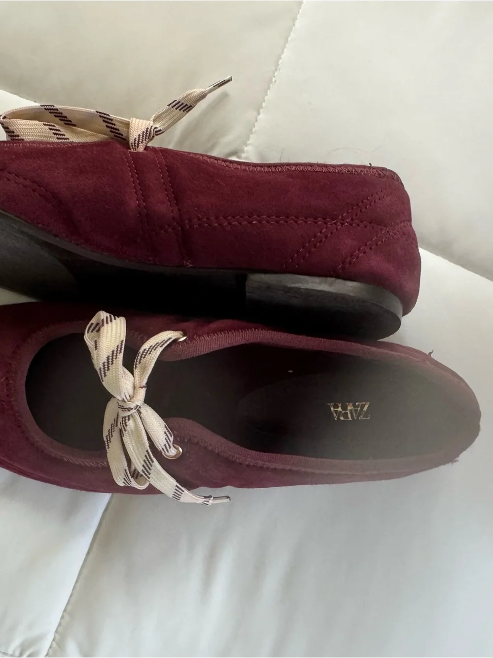 Zara Burgundy faux Suede Ballet Flat with Striped Bow